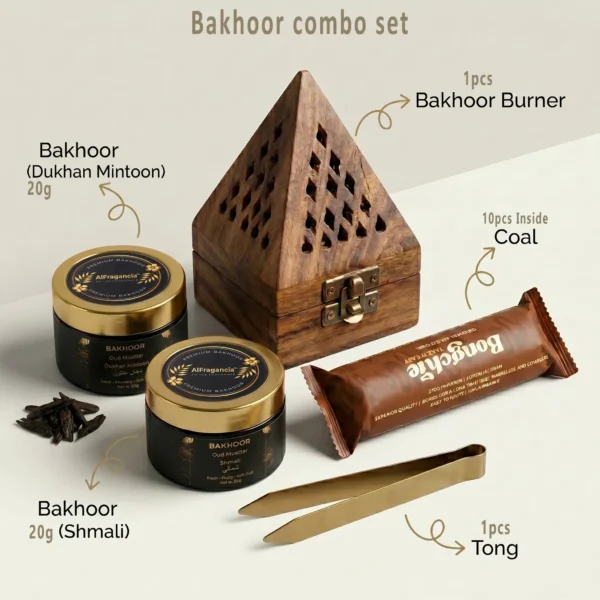 bakhoor combo set dhoop batti oudh oud oud ki lakdhi coal tong bakhoor burner shamali shmali dukhan mintoon magic coal 5 Bakhoor Exotic Combo Set, ( HSN: 33074100 )