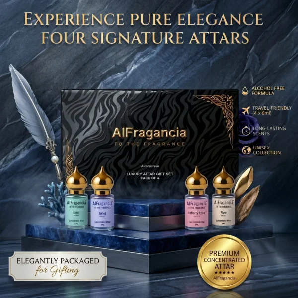 Luxury Attar Gift Set Pack of 4 - Coral | Juliet | Infinity Rose | Pioro, ( HSN: 33030090 )