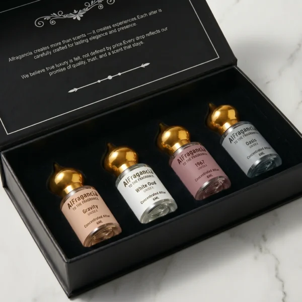 attar gist set pack of 4 white oud oudh gravity oasis 1967 attar 4 Luxury Attar Gift Set Pack of 4 - White Oud | Gravity | 1967 | Oasis, ( HSN: 33030090 )