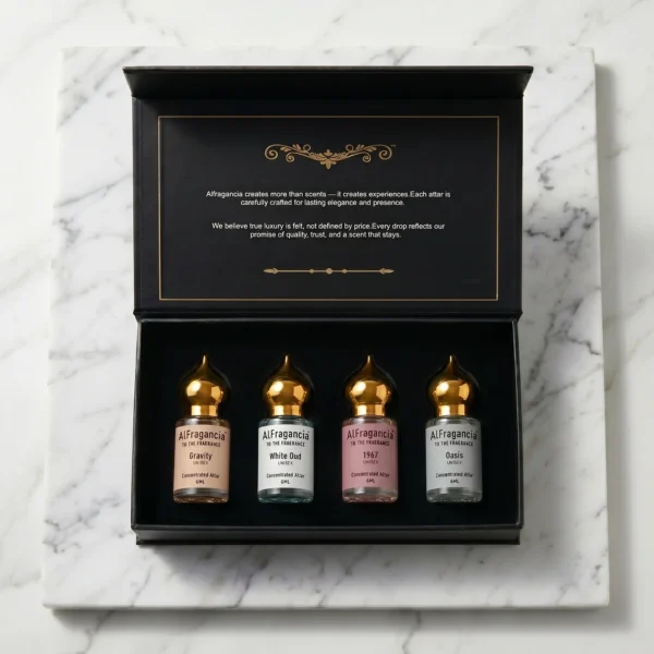 attar gist set pack of 4 white oud oudh gravity oasis 1967 attar 7 Luxury Attar Gift Set Pack of 4 - White Oud | Gravity | 1967 | Oasis, ( HSN: 33030090 )